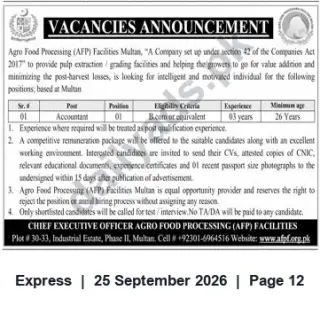 Newspaper clipping: Accountant Vacancy — Agro Food Processing (AFP) Facilities, Multan, Express, 25 Sep 2026