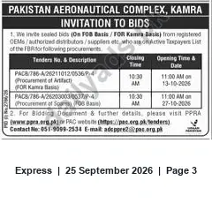 Newspaper clipping: Pakistan Aeronautical Complex (PAC), Kamra — Invitation to Bids (Multiple Tenders, Oct 2026), Express, 25 Sep 2026