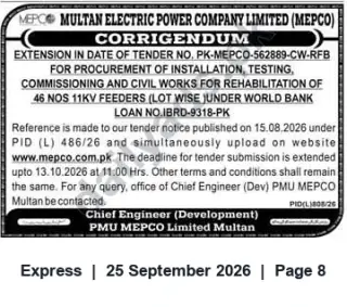 Newspaper clipping: MEPCO Tender PK-MEPCO-562889-CW-RFB — Submission Deadline Extended to 13 Oct 2026, Express, 25 Sep 2026