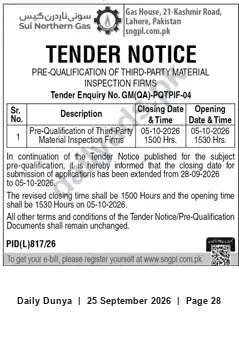 Newspaper clipping: SNGPL Tender: Pre-Qualification of Third-Party Material Inspection Firms (GM(QA)-PQTPIF-04) — Closing 2026-10-05, Dunya, 25 Sep 2026