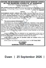 Newspaper clipping: Bank Alfalah Limited — Notice in Banking Court at Karachi, Dawn, 25 Sep 2026