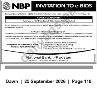 Newspaper clipping: NBP Invitation to e-Bids for Furniture at Abbottabad Main Branch, Dawn, 25 Sep 2026