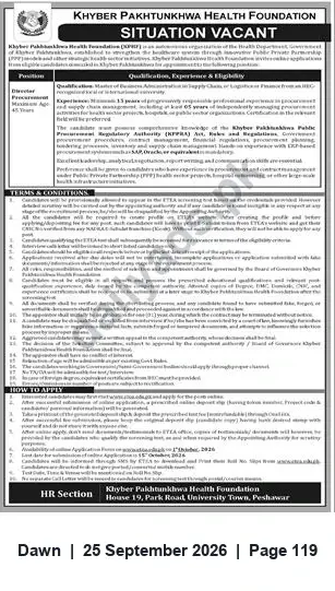 Newspaper clipping: Job Vacancy — Director Procurement at Khyber Pakhtunkhwa Health Foundation (Peshawar), Dawn, 25 Sep 2026