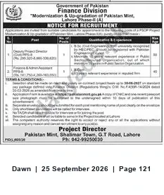 Newspaper clipping: Pakistan Mint Lahore — Recruitment Notice for Deputy Project Director, Dawn, 25 Sep 2026