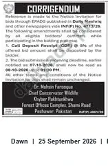 Newspaper clipping: Corrigendum: Invitation for Bids INF(P) No. 4713/26 — Deadline Revised to 2026-10-08, Dawn, 25 Sep 2026