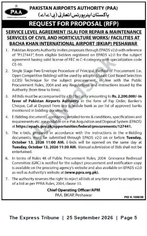 Newspaper clipping: PAA RFP: SLA for Repair & Maintenance at Bacha Khan International Airport, Peshawar (EPADS Ref P127441), The Express Tribune, 25 Sep 2026