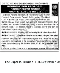 Newspaper clipping: UNDP RFP: Gender & Community Mobilization and Traditional Crafts Market Linkages Specialists — Balochistan (Deadline 2026-10-07), The Express Tribune, 25 Sep 2026