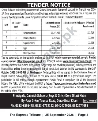 Newspaper clipping: Tender: Procurement of Dietary Items for Punjab Daanish Schools (FY 2026-27), The Express Tribune, 25 Sep 2026