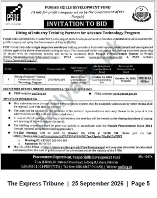 Newspaper clipping: Invitation to Bid — Hiring Industry Training Partners for Advance Technology Program (PSDF), The Express Tribune, 25 Sep 2026