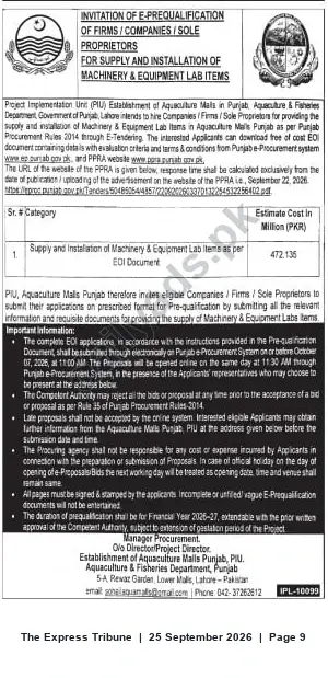 Newspaper clipping: E-Prequalification: Supply & Installation of Machinery & Equipment Lab Items for Aquaculture Halls, Punjab, The Express Tribune, 25 Sep 2026