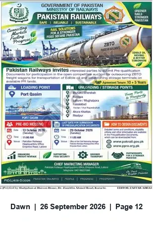 Newspaper clipping: Pakistan Railways: Pre-qualification & Auction for Outsourcing Freight Wagons and Storage Terminals, Dawn, 26 Sep 2026