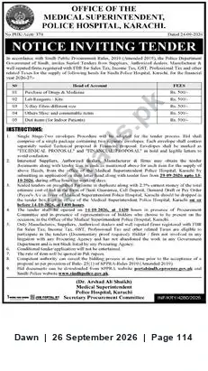 Newspaper clipping: Tender Notice — Police Hospital, Karachi (Medical Superintendent), Dawn, 26 Sep 2026