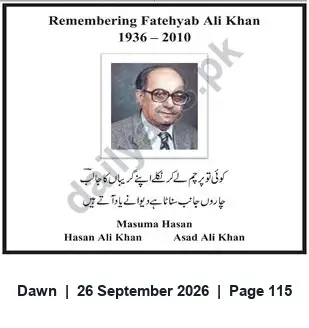 Newspaper clipping: Remembering Fatehyab Ali Khan (1936–2010), Dawn, 26 Sep 2026