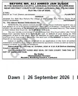 Newspaper clipping: Court Notice: Proceedings Before Mr. Ali Ahmed Jan, District Courts Larkana, Dawn, 26 Sep 2026