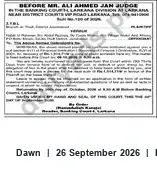 Newspaper clipping: Proceedings Before Mr. Ali Ahmed Jan, Judge — Larkana Court, Dawn, 26 Sep 2026