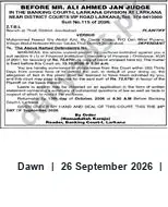Newspaper clipping: Court Proceedings Before Judge Ali Ahmed Jan, Dawn, 26 Sep 2026