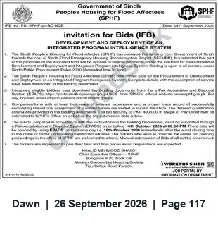 Newspaper clipping: SPHF Invitation for Bids: Development & Deployment of Integrated Program Intelligence System, Dawn, 26 Sep 2026