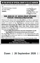 Newspaper clipping: Service of Notice by Publication — Special Court-II (C.N.S), Karachi, Dawn, 26 Sep 2026