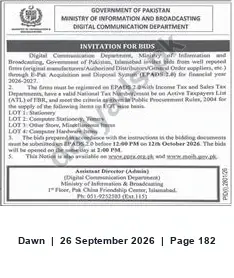 Newspaper clipping: Ministry of Information & Broadcasting Islamabad — Invitation for Bids (FY 2026-2027), Dawn, 26 Sep 2026