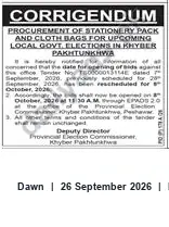 Newspaper clipping: Corrigendum: Tender TE0000015154E – Stationery Packs & Cloth Bags for Khyber Pakhtunkhwa Local Government Elections, Dawn, 26 Sep 2026