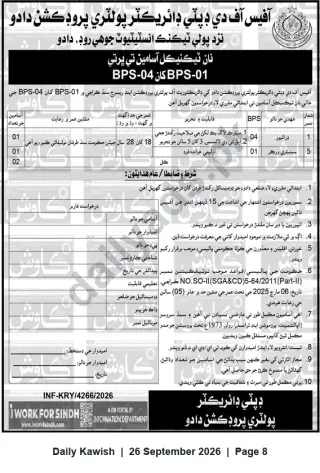 Newspaper clipping: Non‑Technical Vacancies (BPS‑01 to BPS‑04) — Office of Deputy Director Polytechnic Production, Dadu, Daily Kawish, 26 Sep 2026