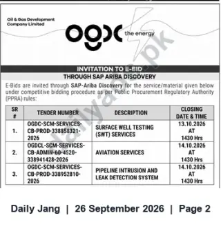 Newspaper clipping: OGDCL Invitation to E-Bid for Surface Well Testing, Aviation and Pipeline Leak Detection Services, Jang, 26 Sep 2026