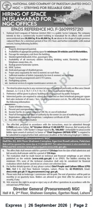 Newspaper clipping: NGC Tender: Commercial Office Space Required in Islamabad — EPADS Ref F-26091957210, Express, 26 Sep 2026
