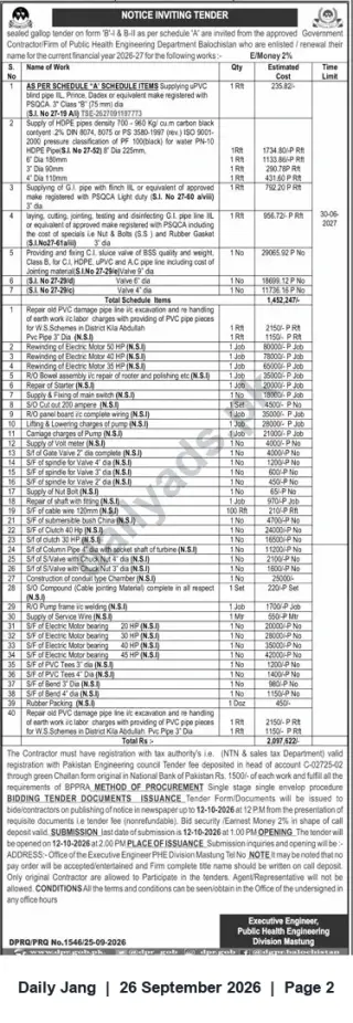 Newspaper clipping: Public Health Engineering Division Mastung — Notice Inviting Tenders for Supply & Works (FY 2026-27), Jang, 26 Sep 2026