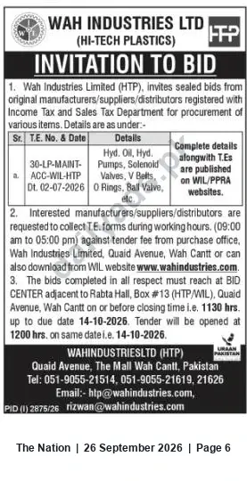 Newspaper clipping: Tender: Supply of Hydraulic Oils, Pumps, Valves & Related Items — Wah Industries Ltd (HTP), The Nation, 26 Sep 2026