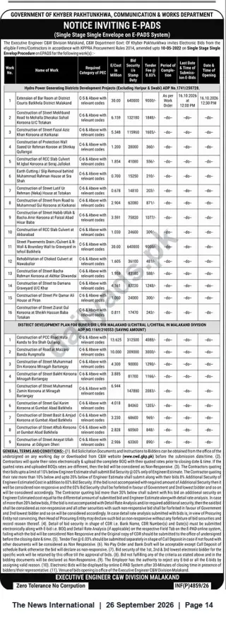 Newspaper clipping: C&W Division Malakand Invites Electronic Bids for Multiple Civil Works (E-PADS) – Closing 2026-10-16, The News International, 26 Sep 2026