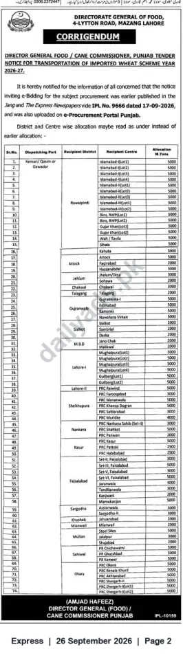 Newspaper clipping: Corrigendum: Tender for Transportation of Imported Wheat (Scheme 2026-27) — Directorate General of Food, Punjab, Express, 26 Sep 2026