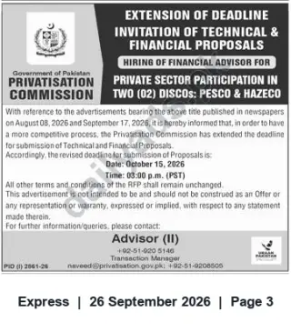 Newspaper clipping: Privatisation Commission Extends RFP Deadline for Financial Advisor — PESCO & HAZECO (Oct 15, 2026), Express, 26 Sep 2026