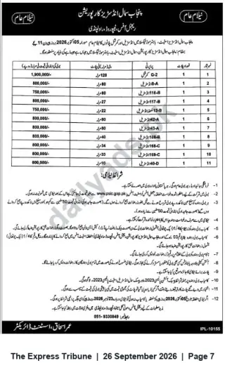 Newspaper clipping: Public Auction: 11 Commercial Units Offered by Punjab Small Industries Corporation, The Express Tribune, 26 Sep 2026