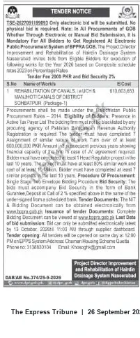 Newspaper clipping: Tender: Rehabilitation of Le Uch & Manjhoti Canals, Sohbatpur (Package-1) — Balochistan e-Bidding 2026, The Express Tribune, 26 Sep 2026