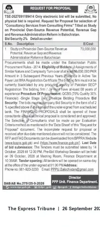 Newspaper clipping: RFP: Consultancy for Study on Provincial Own-Source Revenue Potential, Balochistan, The Express Tribune, 26 Sep 2026
