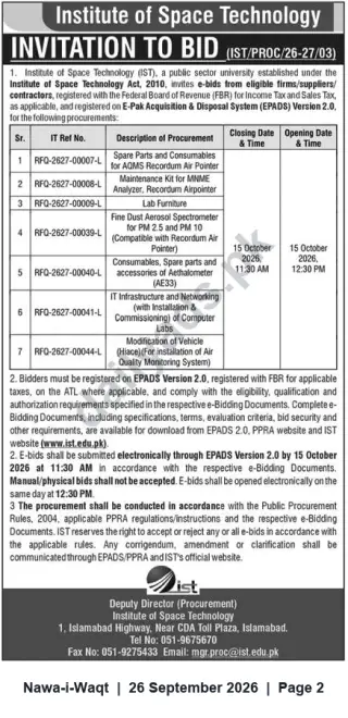 Newspaper clipping: Institute of Space Technology (IST) Invitation to Bid — Multiple RFQs (Closing 2026-10-15), Nawa-i-Waqt, 26 Sep 2026