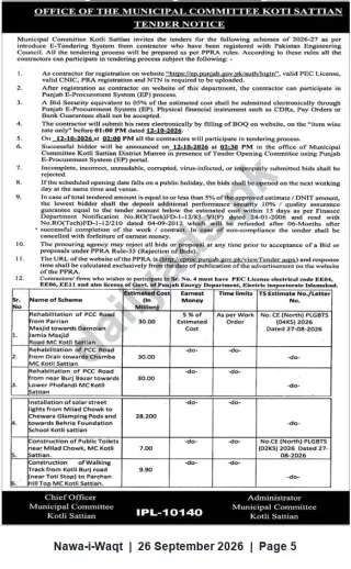 Newspaper clipping: Municipal Committee Kotli Sattian — Tender Notice for 2026–27 Roadworks, Solar Street Lights and Public Facilities, Nawa-i-Waqt, 26 Sep 2026