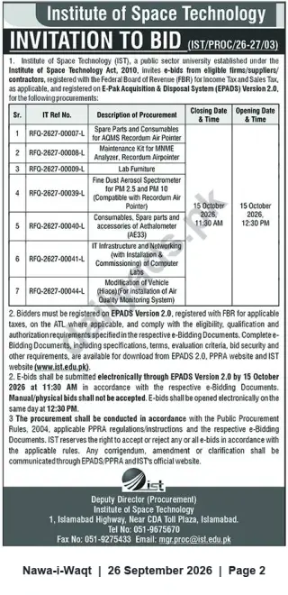 Newspaper clipping: Institute of Space Technology Invitation to Bid – Procurements (Closing 15 Oct 2026), Nawa-i-Waqt, 26 Sep 2026