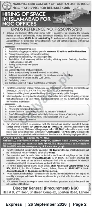 Newspaper clipping: NGC Tender: Hiring of Office Space in Islamabad (EPADS Ref. F-26091957210), Express, 26 Sep 2026