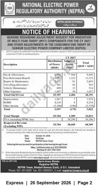 Newspaper clipping: NEPRA Notice of Hearing: SEPCO Request for CY2027 Indexation of MYT Components and Consumer-End Tariff Adjustments, Express, 26 Sep 2026