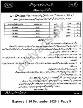 Newspaper clipping: PSIC (Regional Office Rawalpindi) — Public Auction of Plots (Plot Nos. 177-C, 178-C, 179-C, 201-D), Express, 26 Sep 2026