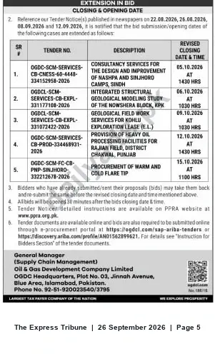 Newspaper clipping: OGDCL: Extension of Bid Closing/Openings for Multiple Tenders — Oct 2026, The Express Tribune, 26 Sep 2026