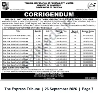 Newspaper clipping: Trading Corporation of Pakistan — Corrigendum: Invitation to e‑Bids (ePADS v2.0) for Export of Imported Refined Sugar, The Express Tribune, 26 Sep 2026