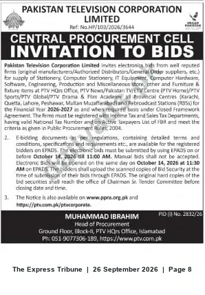 Newspaper clipping: PTV Invitation to Bids for Supply of IT, Stationery, Engineering & Furniture Items – FY 2026-2027, The Express Tribune, 26 Sep 2026