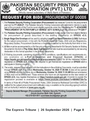 Newspaper clipping: Tender: Procurement of Filter Pump (L51 Series) by Pakistan Security Printing Corporation, The Express Tribune, 26 Sep 2026