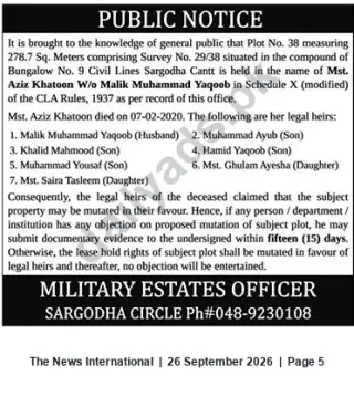 Newspaper clipping: Public Notice: Proposed Mutation of Plot No. 38, Bungalow No. 9, Civil Lines, Sargodha Cantt, The News International, 26 Sep 2026