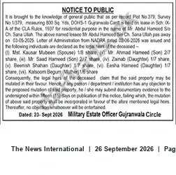 Newspaper clipping: Notice of Proposed Mutation for Plot No. 379, DOHS-1 Gujranwala Cant, The News International, 26 Sep 2026
