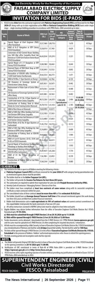 Newspaper clipping: FESCO Faisalabad Invitation for Bids (E‑PADS) — Civil Works Packages (Tender Nos. 20–42), The News International, 26 Sep 2026