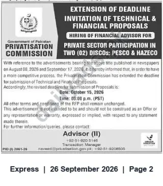 Newspaper clipping: Extension: RFP Deadline — Hiring Financial Advisor for Privatisation Commission (PESCO & HAZECO), Express, 26 Sep 2026