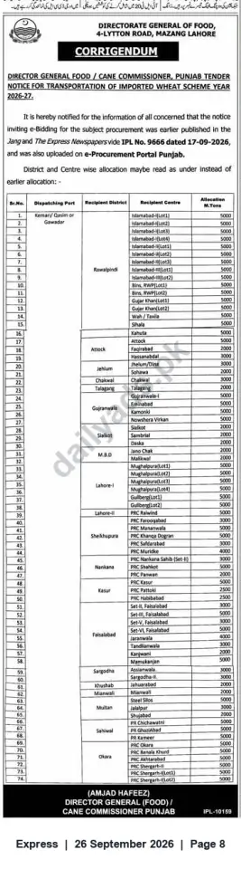 Newspaper clipping: Corrigendum: Tender for Transportation of Imported Wheat (Scheme Year 2026-27) — Punjab, Express, 26 Sep 2026
